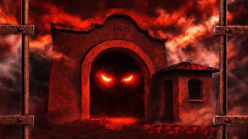 Illustration of Yuma Territorial Prison gate with eerie glowing eyes at night