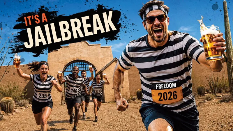 Prison to Prison Beer Run | Yuma Territorial Prison Runners hit the course with beers in hand during the Prison to Prison Beer Run, a fun annual event at Yuma Territorial Prison State Historic Park in Yuma, Arizona.